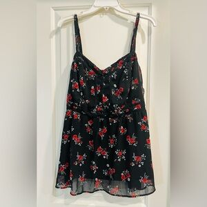 Torrid Black Smocked Top with Red and White Floral Accents